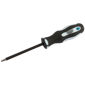 The Draper Square Recess Soft Grip Security Screwdriver, S1 X 100mm - 995SQ has a black and white handle with a blue accent, featuring a 'Draper Expert' label. Its oil and solvent resistant SVCM blades provide superior durability.