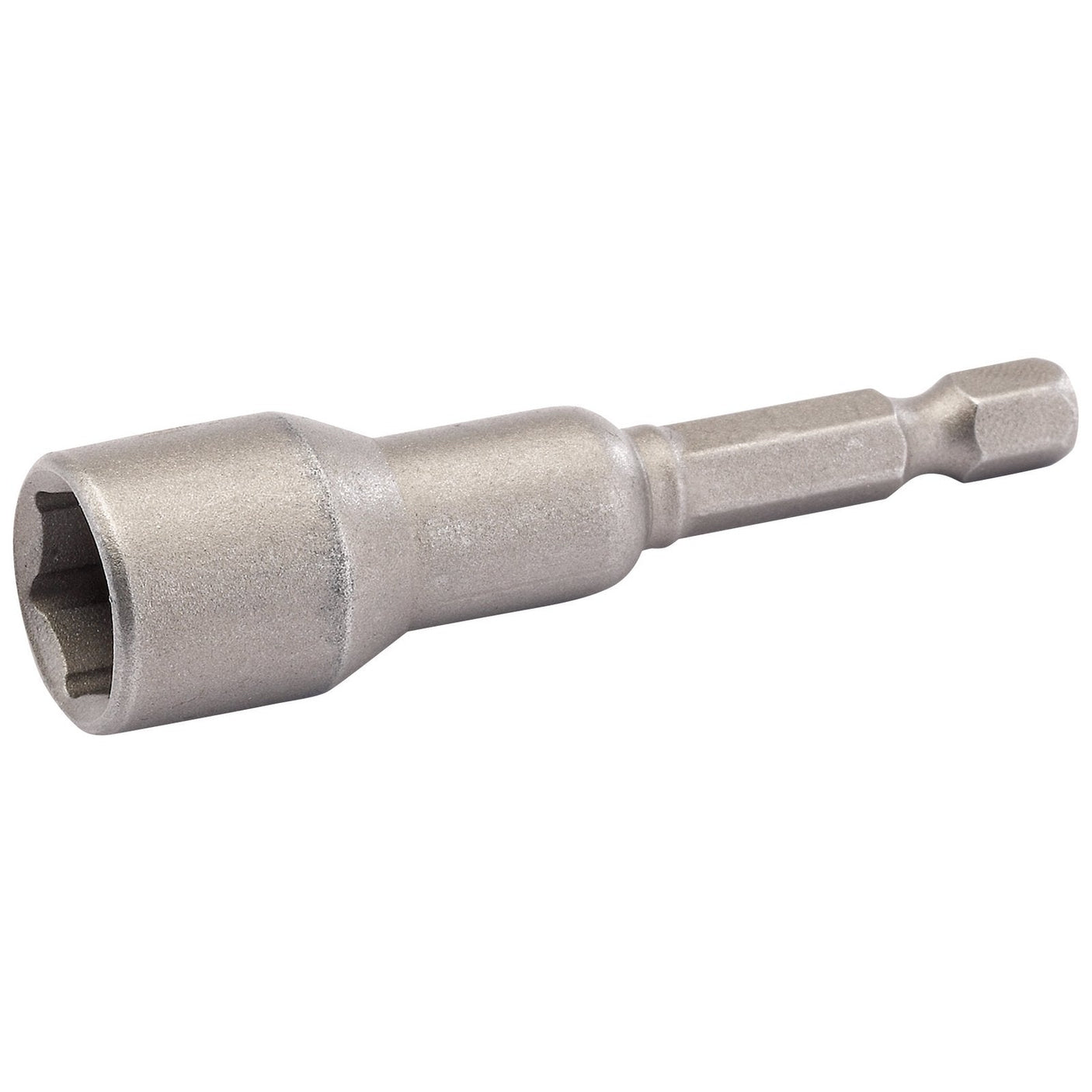 Introducing the Draper Nut Spinner, 8mm - HNR, a hex nut driver bit featuring a silver finish and constructed from durable chrome vanadium steel. This high-quality tool is designed for use with power drills or screwdrivers and includes a hex socket on one end and a hex shank on the other for enhanced grip during operation.