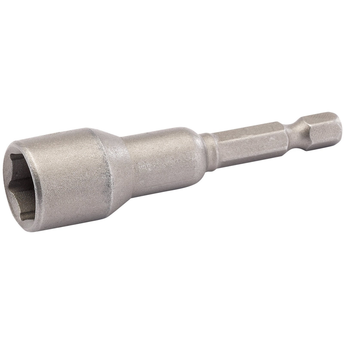 The Draper Nut Spinner, 10mm - HNR, is a metal hex nut driver bit featuring a hexagonal socket end and a shank designed for attaching to a drill or screwdriver, crafted from durable chrome vanadium steel for extra grip.