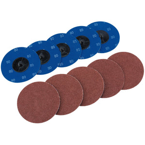 A set of ten Draper Aluminium Oxide Sanding Discs is displayed: six blue discs with "80" grit printed on them and four brown discs unmarked, ideal for surface preparation in automotive refinishing. The sanding discs measure 75mm each.