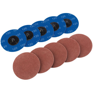 The Draper Aluminium Oxide Sanding Discs, 75mm, 120 Grit (Pack of 10) - SD3AB come in a set that includes both blue discs with the number 120 printed on them and brown discs with an abrasive texture, making them perfect for automotive refinishing and surface preparation.