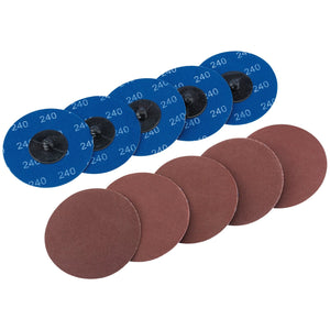 Four blue Draper Aluminium Oxide 240-grit sanding discs and four red-brown sanding discs, measuring 75mm each and packaged in a pack of 10 (SD3AB), ideal for metal fabrication and surface preparation, arranged in two rows on a white background.