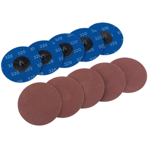 A set of ten Draper Aluminium Oxide Sanding Discs, 75mm in size and 320 Grit, perfect for automotive refinishing and surface preparation tasks.