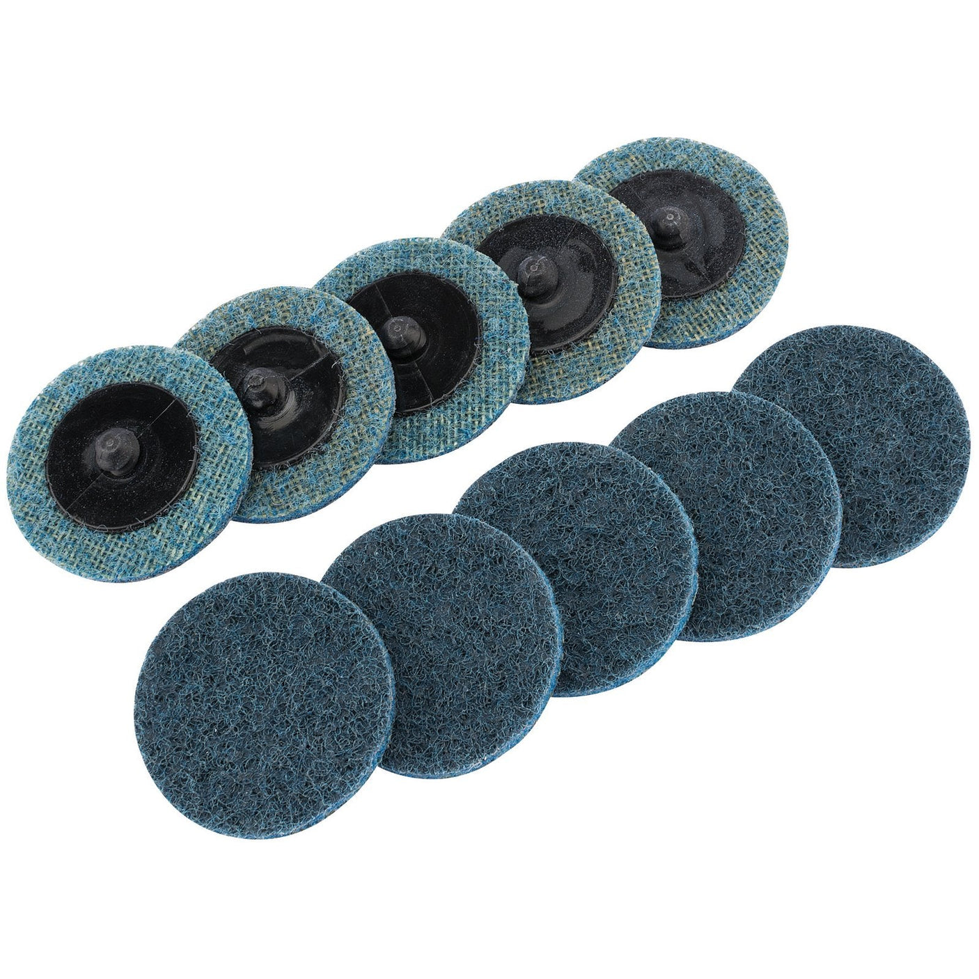 Ten Draper Polycarbide Abrasive Pads, 50mm, Fine (Pack Of 10), featuring attached black quick change plastic screw holders, arranged in two rows on a white background.