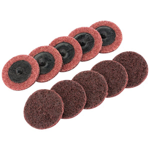 The Draper Polycarbide Abrasive Pads, 50mm, Medium (Pack Of 10) - SCP2 are shown arranged in two rows; the top row reveals the reverse side with fastening mechanisms while the bottom row displays the abrasive surface, making them ideal for automotive refinishing and surface preparation.