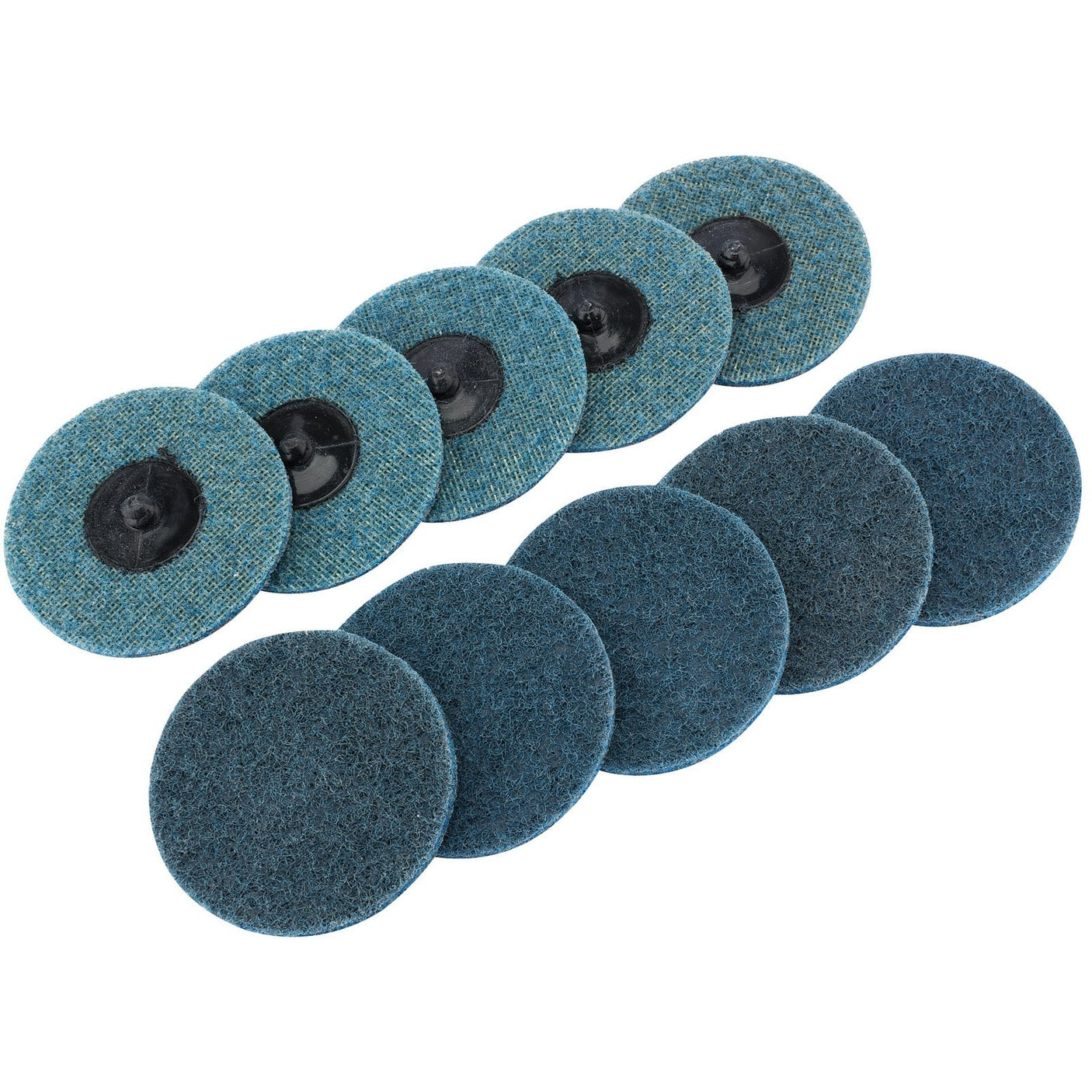 Introducing the Draper Polycarbide Abrasive Pads, 75mm, Fine (Pack Of 10) - SCP3: a set of ten high-quality abrasive pads designed in shades of blue and green. These round pads are arranged in two rows with the abrasive side facing up, making them perfect for surface preparation and metal fabrication tasks.