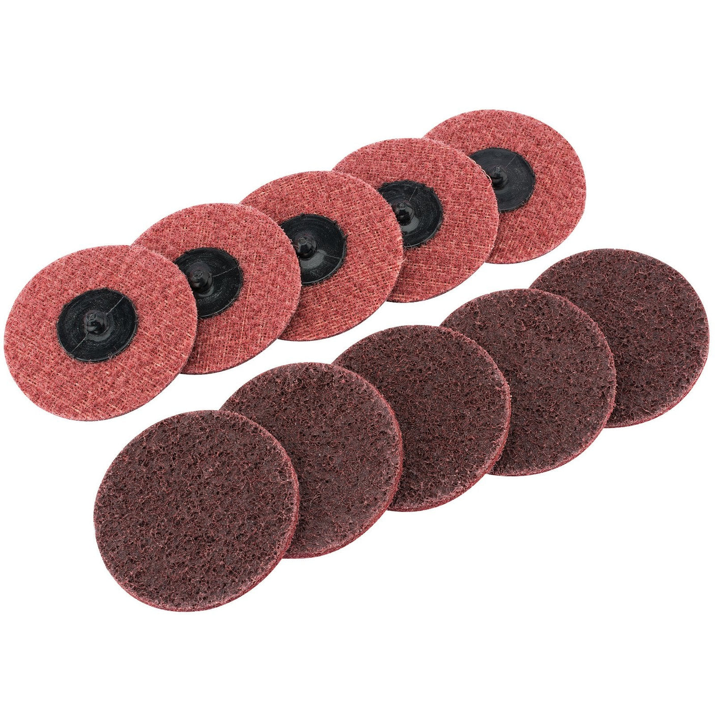 This set of Draper Polycarbide Abrasive Pads, 75mm, Medium (Pack Of 10) - SCP3 features ten circular pads with red surfaces, arranged in two neat rows of five. The top row discs have central black attachments, making them ideal for metal fabrication. The bottom row discs are textured to ensure efficient surface preparation.