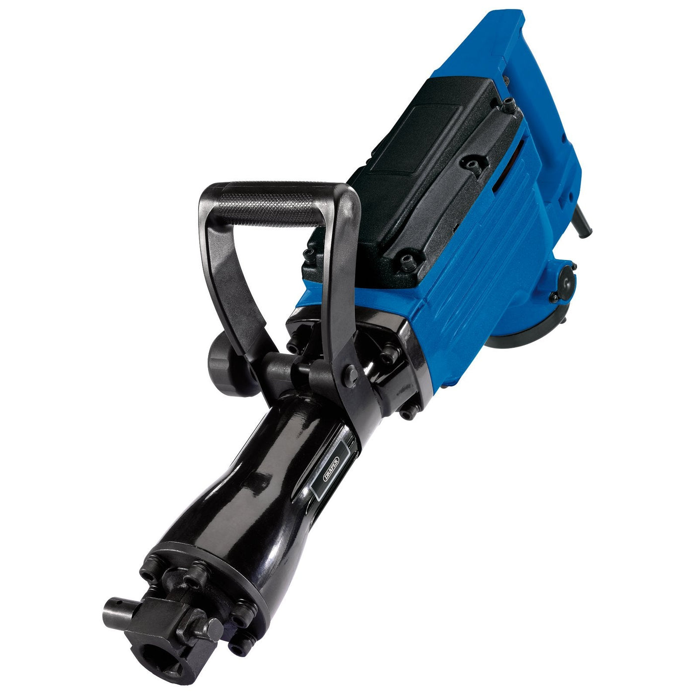 A Draper 110V Hex Breaker, model HXBKR1500D110, featuring a blue and black design with a 1500W motor and an auxiliary side handle, equipped with a demolition chisel, resting on a white background.