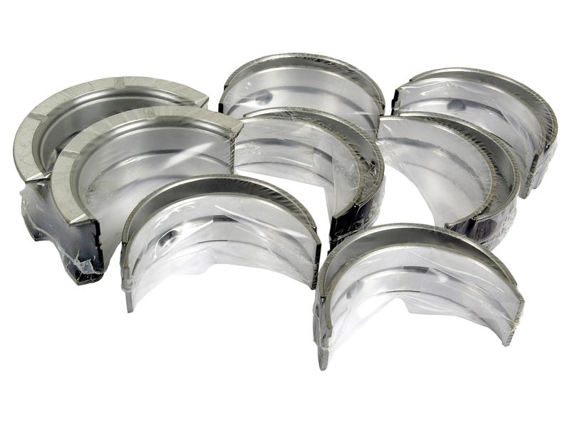 A set of nine semi-circular engine bearings, arranged in a close, overlapping manner, crafted from shiny metal. Product Name: Main Bearing +0.010'' (0.25mm) (Set) | Sparex Part Number: S.75851 Brand Name: Sparex