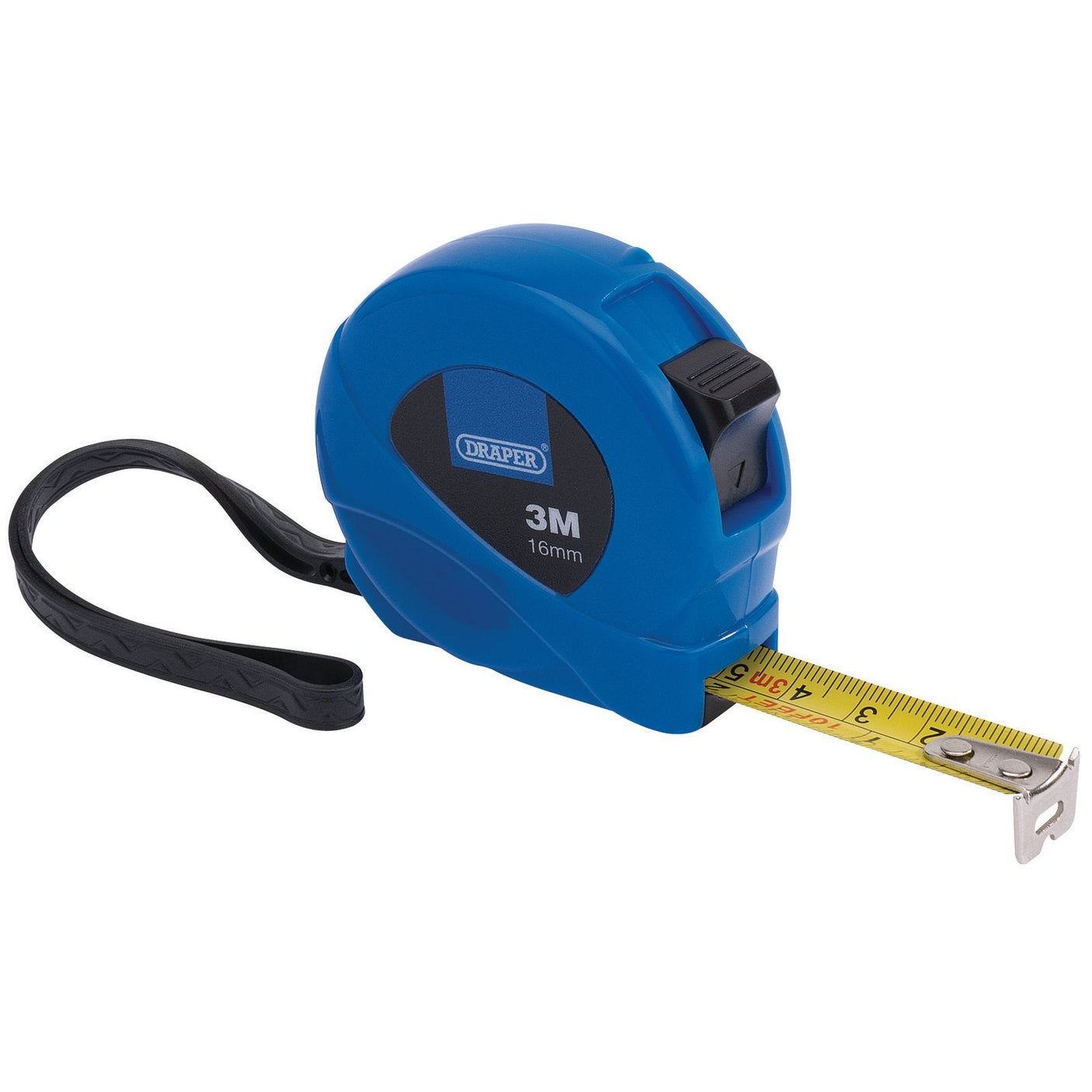 A Draper Measuring Tape, 3M/10Ft X 16mm, Blue - EMTC featuring a yellow measuring tape extended, a black wrist strap, and a power return blade.