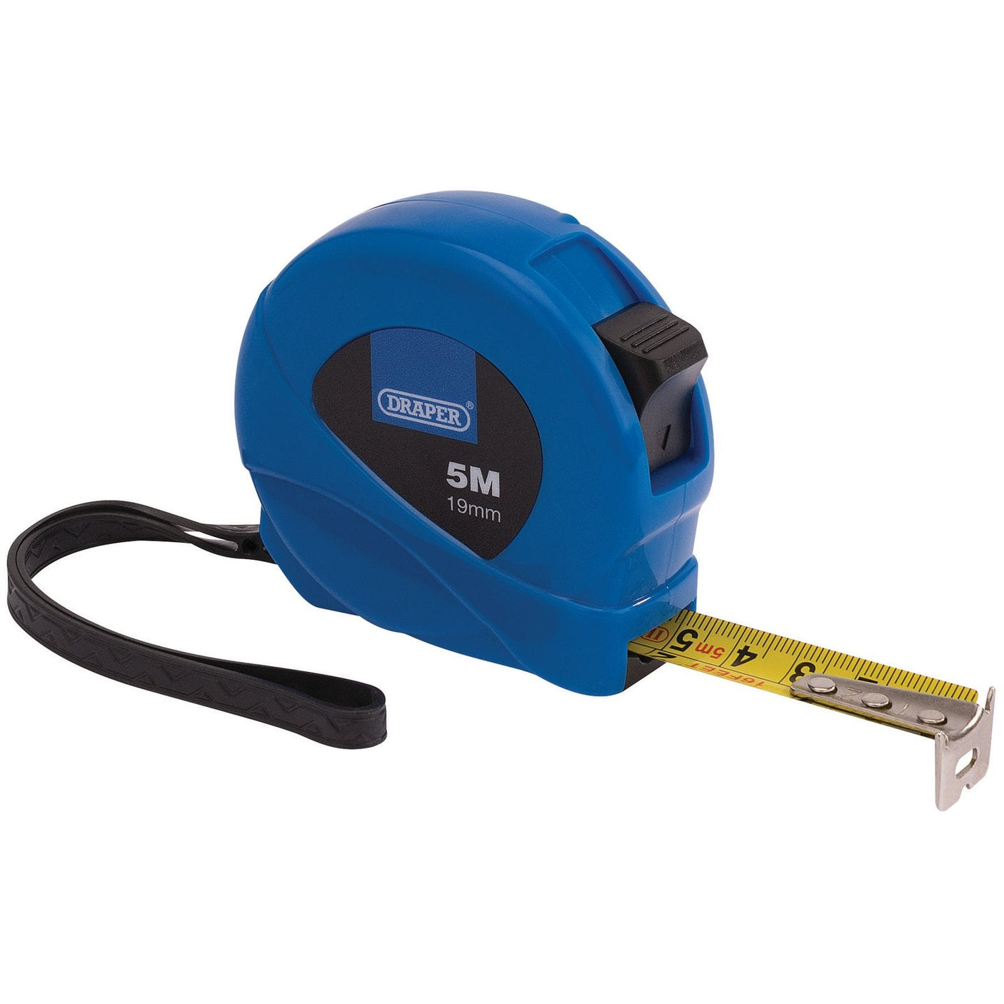 A Draper Measuring Tape 5M/16Ft X 19mm in blue, labeled "EMTC," features a black wrist strap, a self-aligning end hook, and yellow tape partially extended.