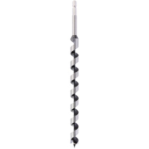 The Draper Long Pattern Auger Bit, 19 X 330mm - AB1B, boasts a fully hardened metal construction with a combination type hex shank and spiral fluted design for expert quality wood drilling.