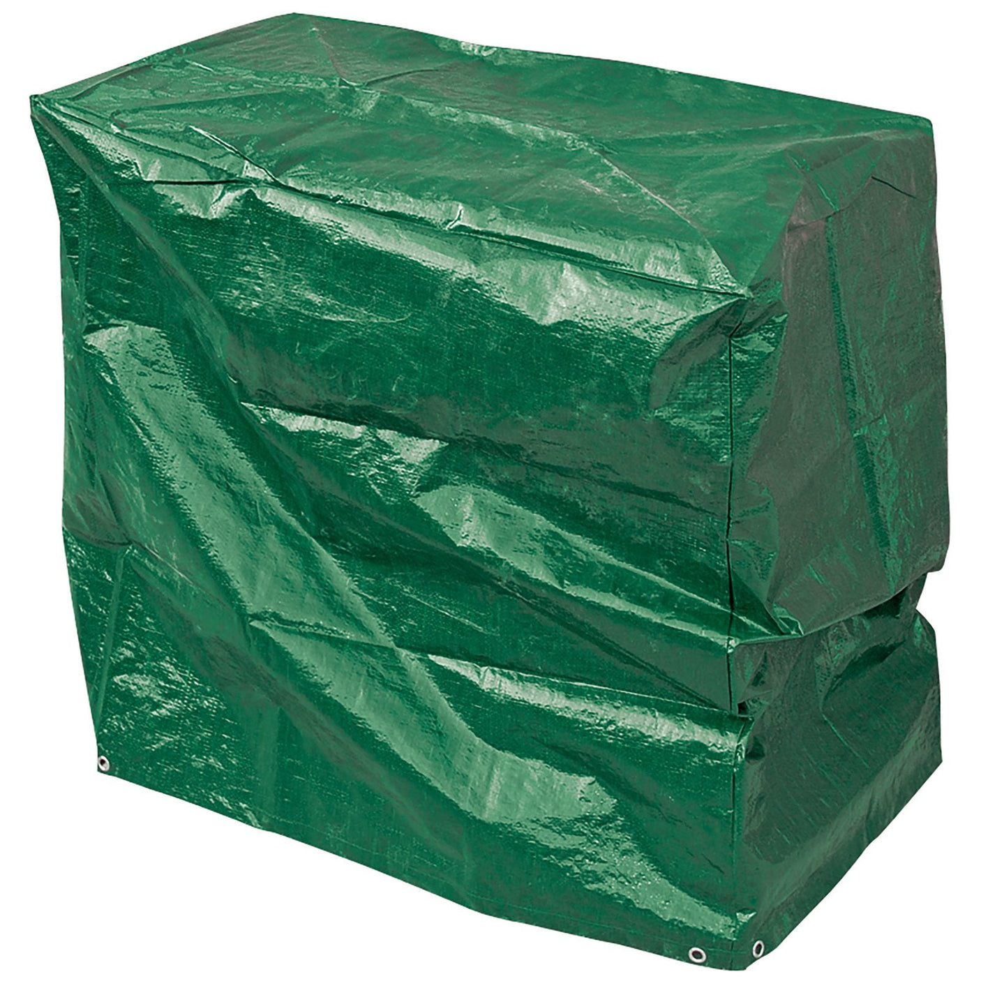 A Draper Barbecue Cover, measuring 1500 x 1000 x 1250mm and made of heavy duty polyethylene, securely covers a rectangular object, with steel plated eyelets visible on the corners.