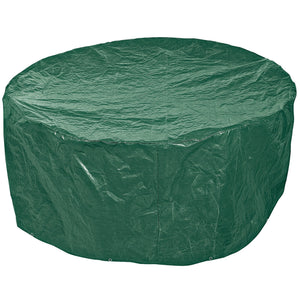 The Draper Small Patio Set Cover, 1500 X 900mm - OC13 is a green, round, heavy-duty polyethylene waterproof cover for outdoor furniture or small tables. It features steel-plated eyelets for secure fastening.