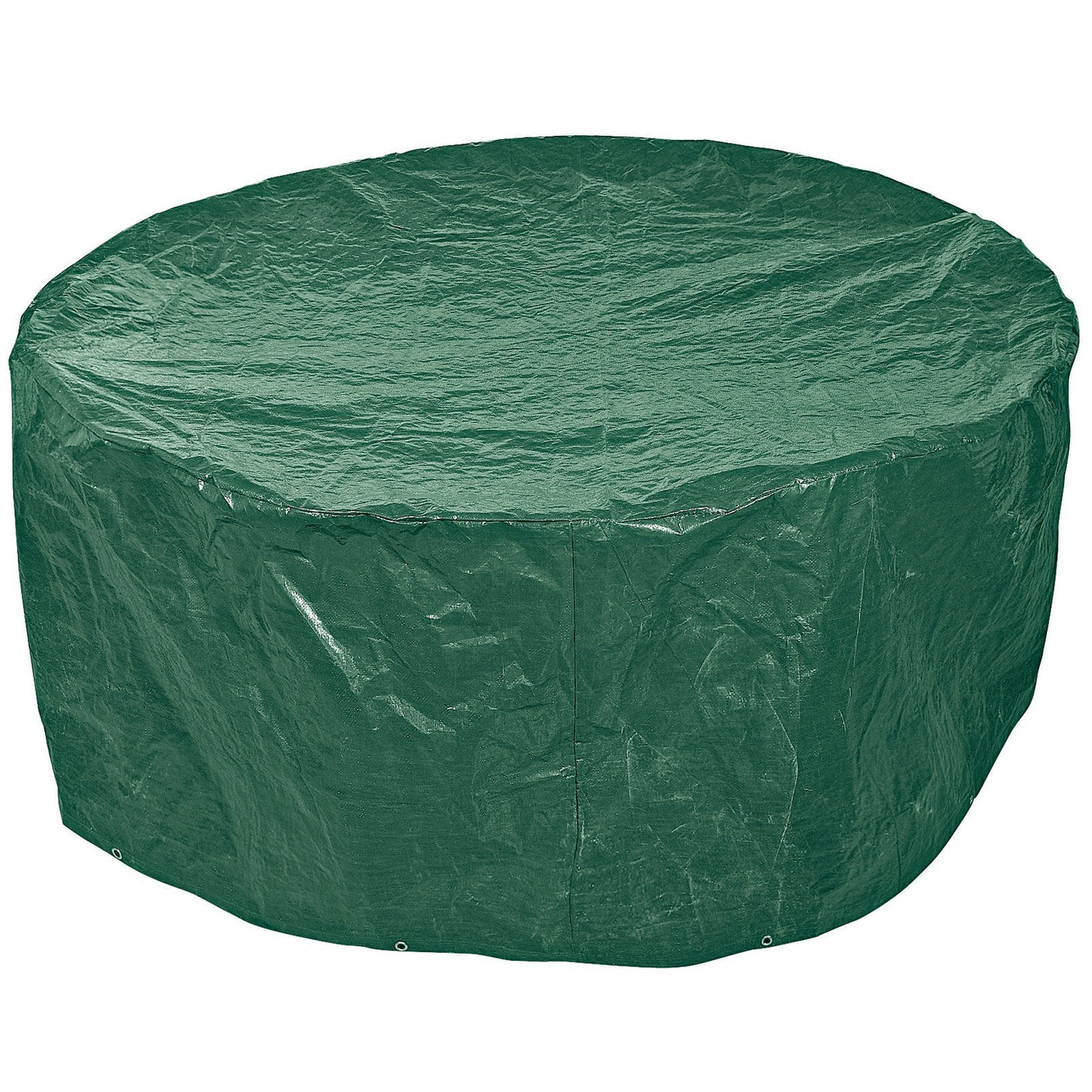 The Draper Patio Set Cover, 1900 X 800mm, Small - OC6, a green cover made of heavy-duty polyethylene, securely fits over round objects like outdoor furniture or small tables to provide protection from the elements. Steel-plated eyelets enhance its durability and ensure it stays in place.