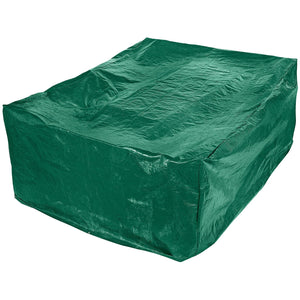 The Draper Patio Set Cover, 2780 X 2040 X 1060mm, Large - OC8, made of heavy-duty polyethylene in green, covers an object with visible creases and folds on its surface. Steel-plated eyelets are strategically arranged along the edges, making it perfect for securing over patio tables.