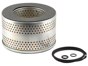 The Sparex Hydraulic Filter - Element features a silver cylindrical metal body with perforations and a central hole, paired with a set of three black rubber gaskets of varying sizes. It is ideal for use in McCormick and Case IH machinery.