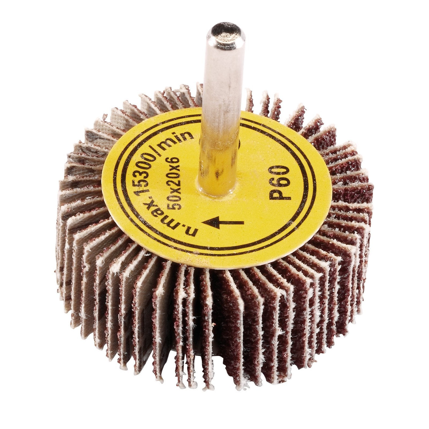 The Draper Abrasive Flap Wheel, 50 x 20mm with a 60 grit rating (model: PTAFW), features a yellow label and a metal shank, making it perfect for attaching to power drills. Ideal for stripping paint, this versatile tool is also compatible with flexible shafts.