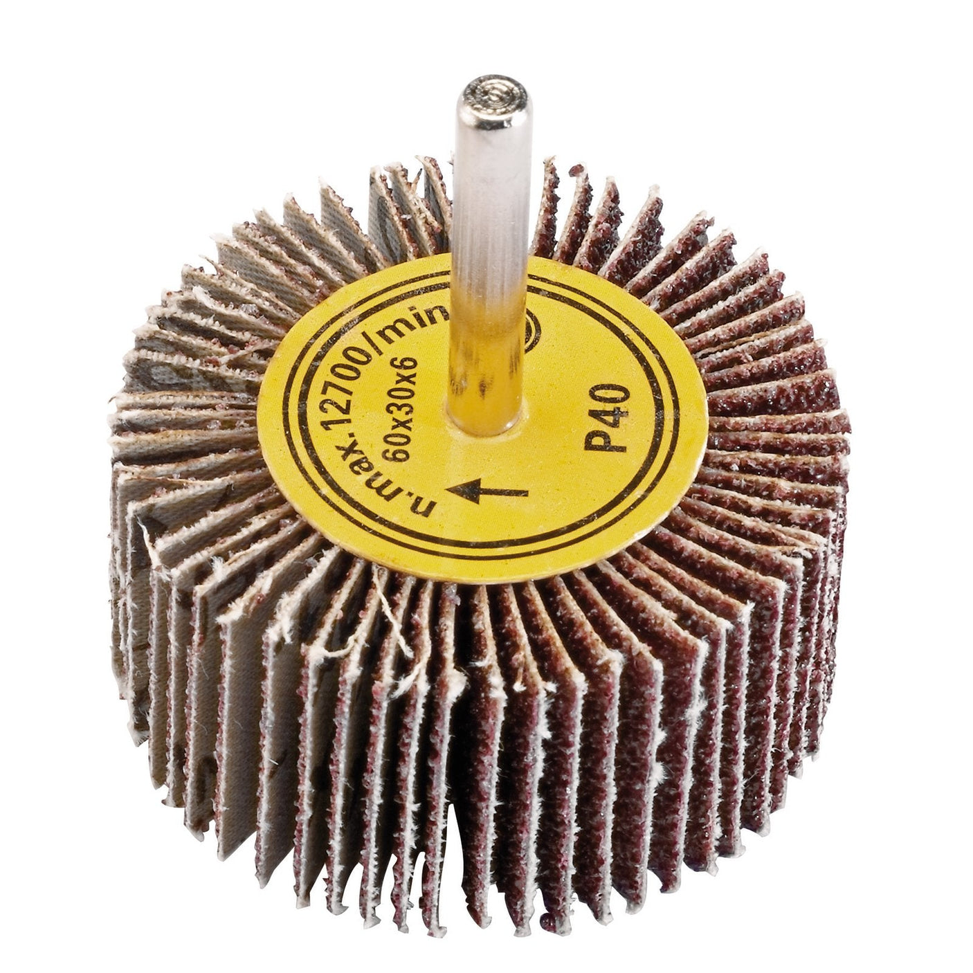 A close-up image of the Draper Abrasive Flap Wheel, 60 X 30mm, 40 Grit - PTAFW60, featuring a yellow label displaying specifications. The wheel, suitable for mounting on power drills, has multiple sandpaper flaps for grinding or finishing surfaces.