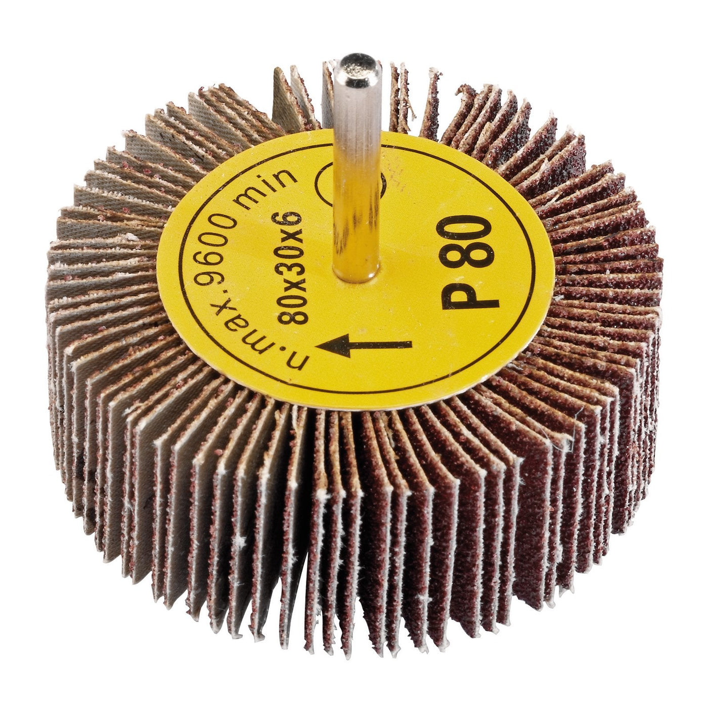 The Draper Abrasive Flap Wheel, 80 x 30mm, 80 Grit - PTAFW80 features abrasive flaps arranged radially around a cylindrical core and is designed for attachment to power tools with flexible shafts spinning up to 9600 RPM.