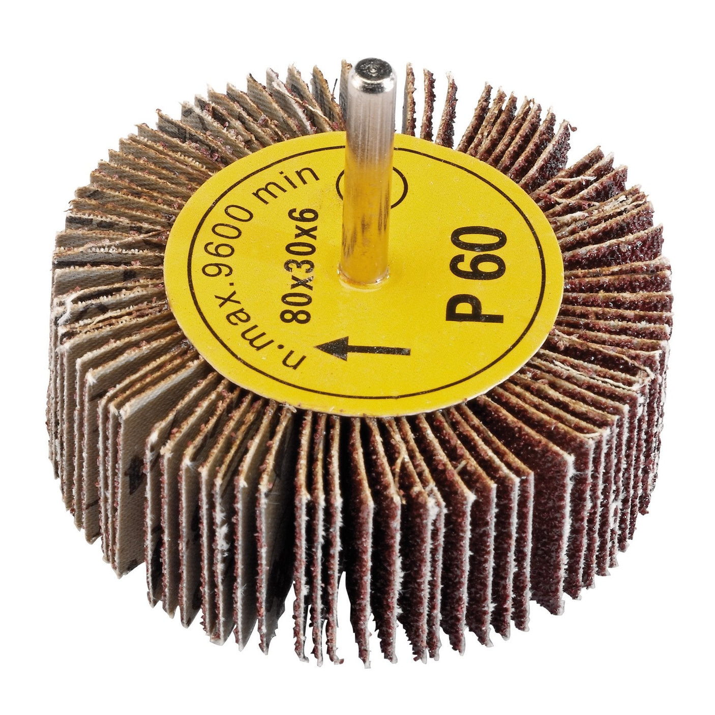 The Draper Abrasive Flap Wheel, 80x30mm, 60 Grit - PTAFW80, features a cylindrical design with a yellow label and dimensions of 80x30x6. It has P60 grit and can reach a maximum speed of 9600 RPM. Attached to a metal shank, it's suitable for use with power drills or flexible shafts, making it ideal for efficiently stripping paint.