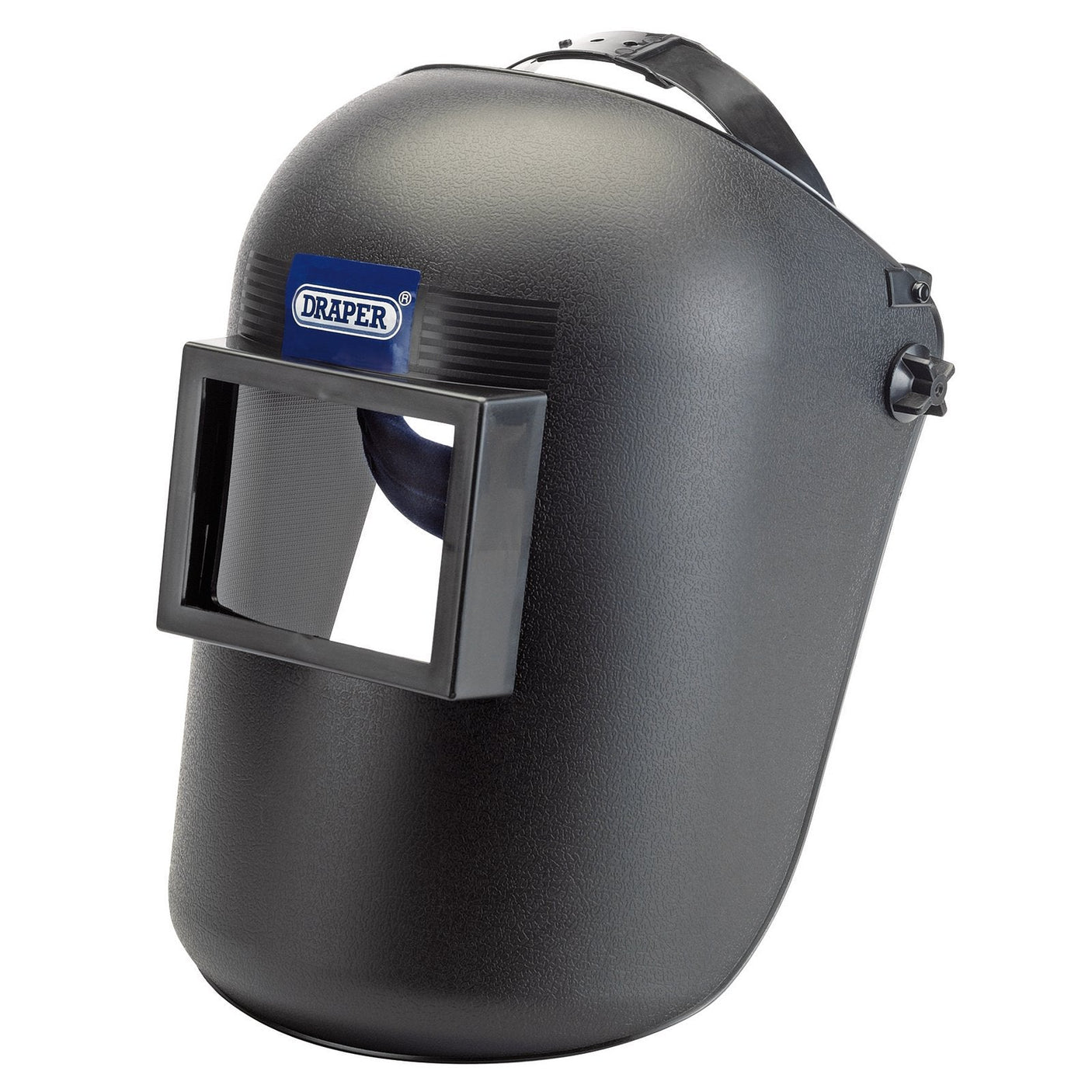 Introducing the Draper Flip Action Welding Helmet To BS1542 Without Lenses - W410C, a black polypropylene helmet featuring a rectangular viewing window and an adjustable headband. The helmet proudly displays the "Draper" brand name and is EN175 and CE approved for your safety.