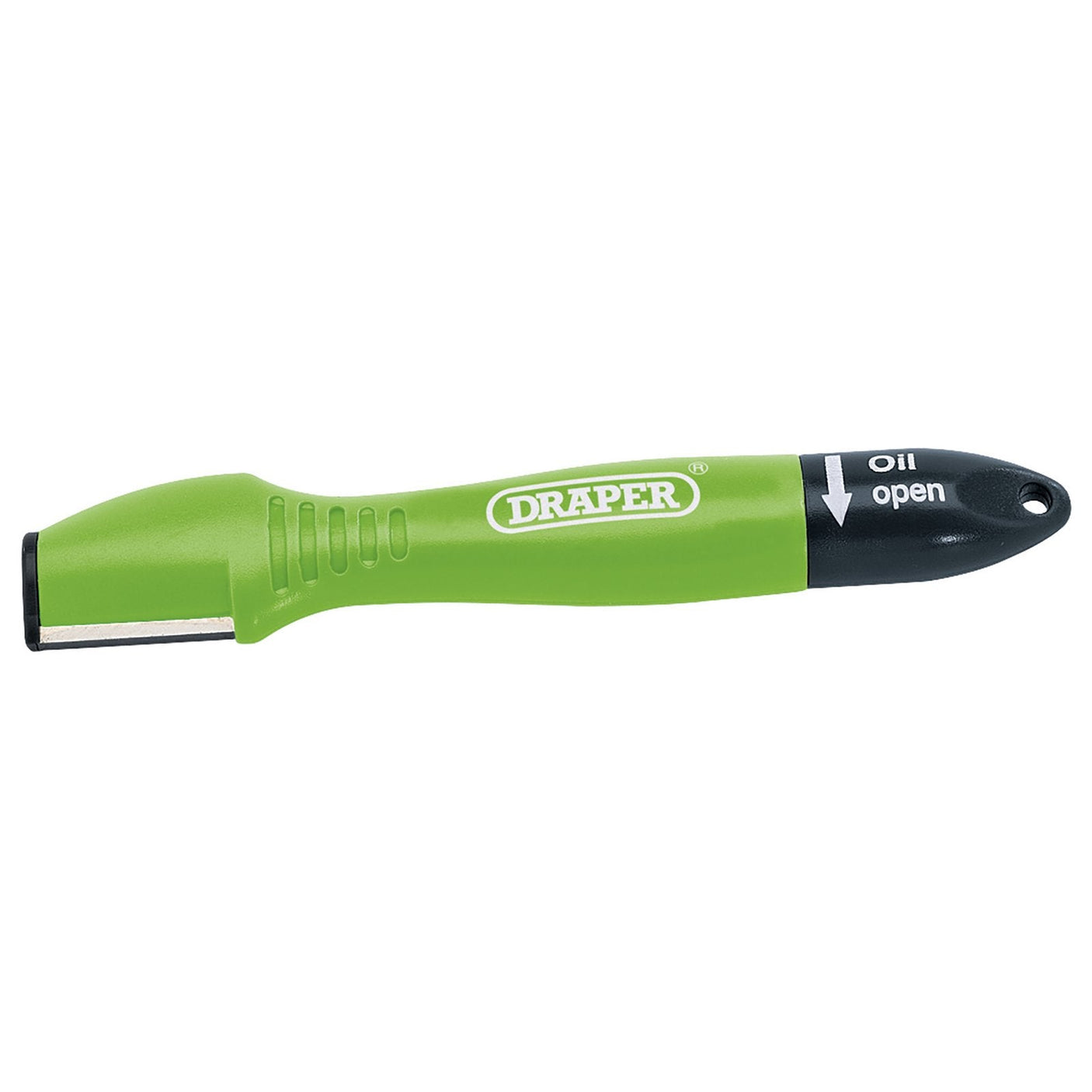 The Draper T.C.T. Multi-Sharpener - GMS features a green handle and black cap with an "oil open" arrow indicator, making it perfect for maintaining your garden tools or sharpening blades.