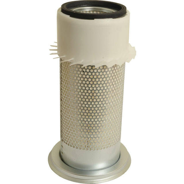 The Sparex Air Filter - Outer (Part No. S.76788) designed for the Deutz-Fahr AGROPLUS 60 features a cylindrical shape with a perforated metal exterior and a black rubber seal at the top.