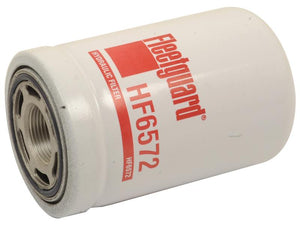 Image of a white cylindrical hydraulic filter with the red text "Sparex | Hydraulic Filter - Spin On - HF6572" printed on it, compatible with Claas LEXION machinery.