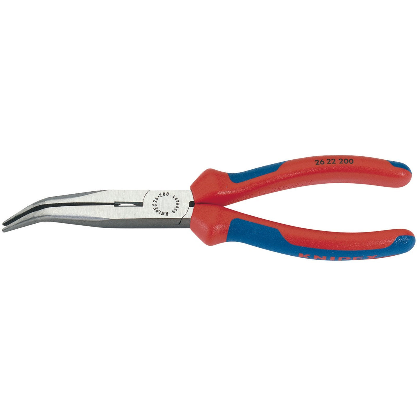 A pair of Draper Knipex 26 22 200 Angled Long Nose Pliers with heavy-duty red and blue handles made from vanadium steel, measuring 200mm.