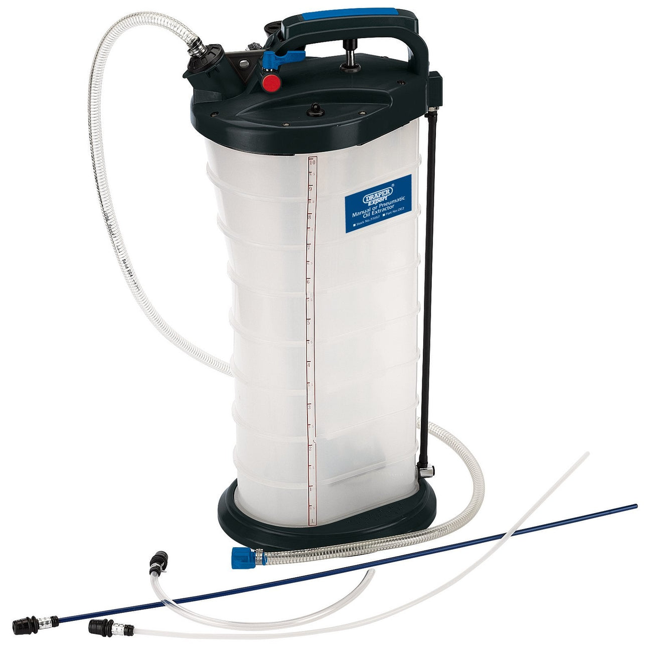 The Draper Manual or Pneumatic Oil Extractor - OE2 by Draper features a white translucent tank, a black and blue handle, an inserted suction tube, and attached tubing for efficient fluid extraction and dispensing.