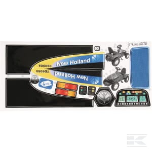 Rolly Toys Sticker - 77100020100 featuring "New Holland" branding, includes images of tractors, technical symbols, control panel graphics, and various colored labels.