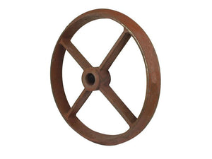 Rusty, metal wheel with four spokes and a central hole viewed from an angle against a white background, resembling a classic Sparex Cambridge roll ring Ø22x3x2'' | Sparex Part No.S.77201.