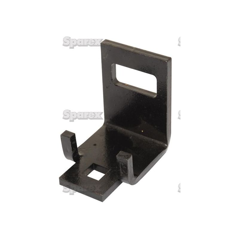 A black metallic bracket with a rectangular opening on one side and two prongs on the other side, resembling a Sparex S Tine Clamp without helper 32x10mm Suitable for 40x30mm (A100597 | Sparex Part No. S.77338), placed against a white background.