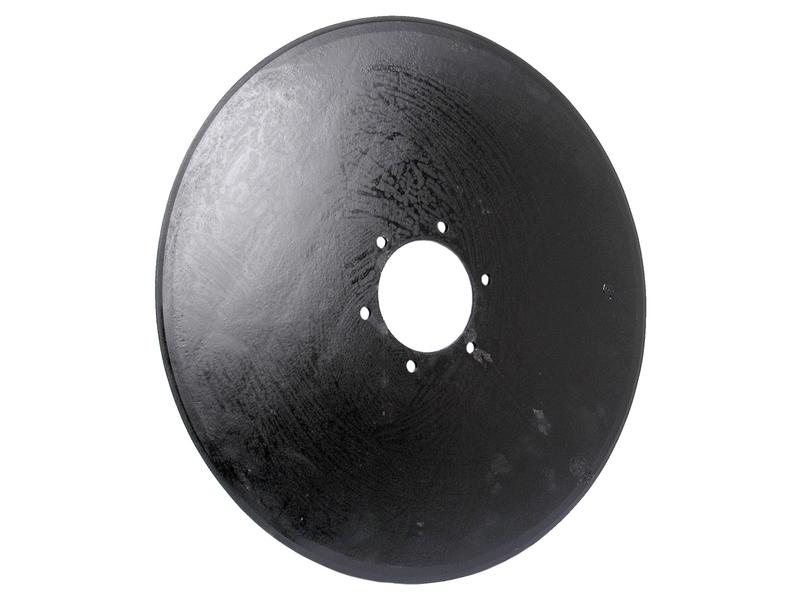 A round, black metal disc identified as the "Coulter disc 18'' (No. holes: 6) (Dowdeswell)" with a large central bore of 80mm and six smaller holes evenly spaced around it, available as Sparex Part No.S.77353.