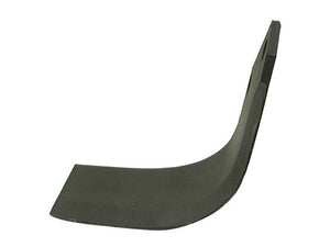 A black, curved Rotavator hoe blade with a flat end and mounting hole, resembling the Sparex Rotavator Blade Curved LH 80x7mm with a height of 195mm and hole centres of 57mm (Sparex Part Number: S.77356).