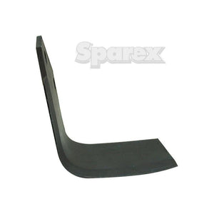 A curved metal blade with two holes for mounting, labeled "Sparex" in the background. The product is a Rotavator Blade Square RH 80x6mm with a height of 180mm, hole centers measuring 56mm apart, and hole diameters of 14.5mm. It serves as a replacement for Maschio model number 02108430 (Sparex Part No.S.77363).