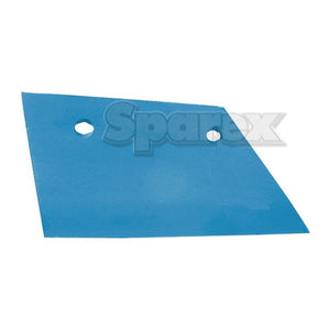 A blue, flat, triangular metal sheet with two circular holes on one side against a white background, ideal for projects involving the Wing 14" (355mm) - RH (Fiskars), Sparex Part No. S.77391.