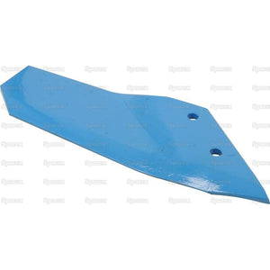 A blue metal blade, specifically a Sparex Cranked Wing 370x11mm RH (Sparex Part No. S.77436), featuring two strategically placed holes for attachment, likely part of farming machinery. The background is white.
