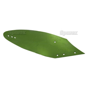 A green, metal sheet with several holes and a pointed end commonly used as a spare part in Kverneland agricultural equipment is known as the Mouldboard - RH, 14'' (Kverneland), fitting as part number 053262 and marketed under Sparex Part No. S.77468 by the brand Sparex.