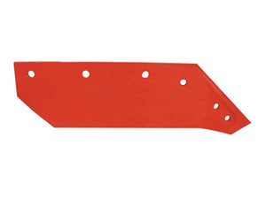 A red, flat metal plate with several circular holes arranged in a single row along its length, resembling the Share - RH, 12'' (305mm), (Kverneland) To fit as: 063013 | Sparex Part No. S.77471 by Sparex, against a white background.