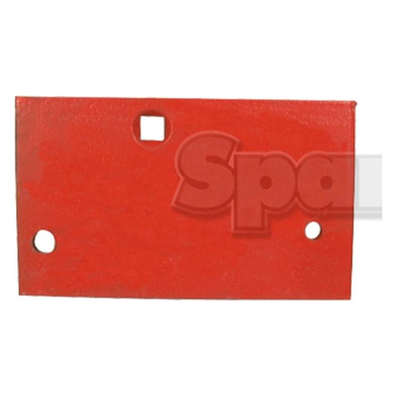 A red rectangular metal plate, titled "Conversion Plate - RH & LH (Kverneland)," featuring three holes: two circular ones at the bottom corners and a square-shaped hole near the upper center. The partial text "Spa," indicating Sparex Fasteners, is visible in the background. This product fits as 063607 and can be identified by Sparex Part No.S.77481.