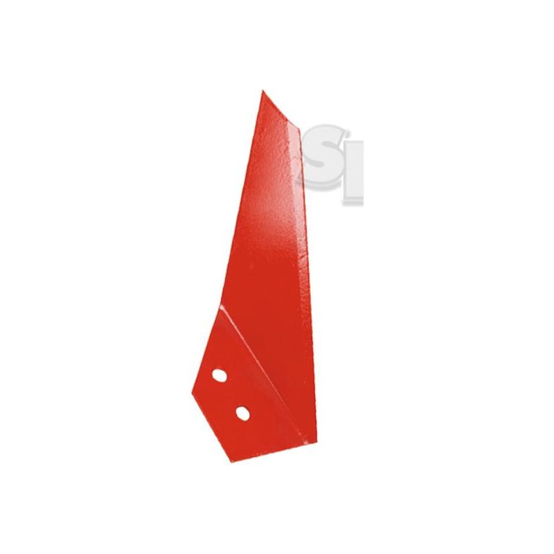 A red metal Knife Coulter RH from Sparex, designed with two holes near the wider end and an angular, tapered shape, is perfect for Kverneland BODY integration. This part fits as 073091 and has a Sparex Part No.S.77489.