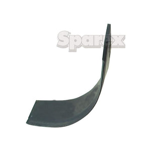 The Sparex Rotavator Blade Curved LH 80x6mm, with a height of 180mm and hole centers of 57mm with an 11.5mm diameter, is crafted in black curved metal with a flat end. Displayed against a white background featuring transparent "Sparex" branding, this high-quality and durable component serves as a replacement for Dowdeswell under Primary OE Reference: 9953.