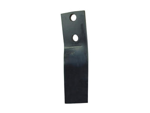 The Rotavator Blade Twisted LH 50x12mm by Sparex, with a height of 230mm and a hole diameter of 16.5mm, is a single black metal blade featuring two circular holes near the top for secure attachment using Sparex fasteners, designed for primary OE reference.