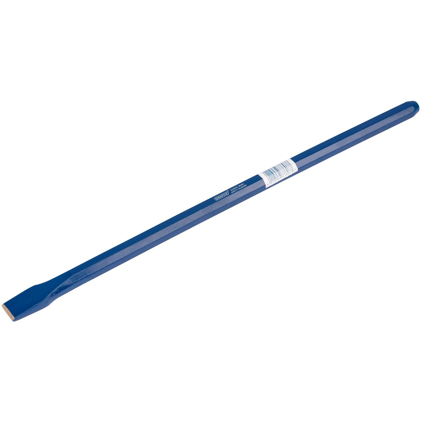 A long, blue flat pry bar featuring a polished cutting edge and a label in the middle is similar to the Draper Octagonal Shank Cold Chisel, 19 X 400mm (Sold Loose) - BD5/A(B).