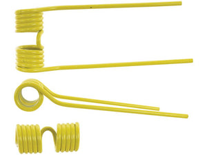 Two yellow Tedder haytines - LH - each with coiled sections and straight ends, are shown from different angles. These high-quality components, measuring 393mm in length, 131mm in width, and Ø9.5mm in diameter, meet OE Reference standards under Sparex part number S.77774. They ensure reliability and performance for your Krone machinery needs as a replacement for part number 1530151.