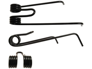 Three views of a black torsion spring, featuring tightly wound coils with two extended straight arms. The spring is shown in a top, side, and front perspective.