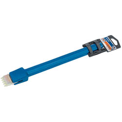 A blue Draper Scutch Holding Chisel, 200 X 25mm - BD5C/A with a long handle and bristles at the end, packaged with a BS3066 label attached near the top.