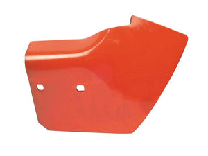 An orange metal panel, identified as a Deflector Plate RH replacement for Massey Ferguson with part number 878373M2, featuring two square holes and listed under the Sparex part number S.78354, is likely a component of a larger machine or structure.